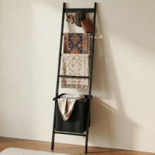 BAMBANG Blanket Ladder with Basket, 5- Tier Blanket Quilt Holder Ladder Towel Rack with 4 Hooks for Living Room