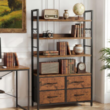 YITAHOME 4-Tier Industrial Bookshelf, Adjustable Shelves & 4 Fabric Drawer