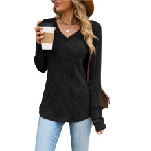 Damesblouse met V-Hals en Lange Mouwen, Herfstblouse met Manchetten, Tuniek, Elegante Trui met Gebogen Zoom, Casual Model Zwart XL