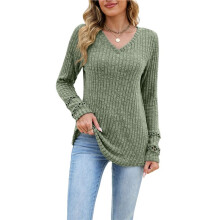 Damesblouse met V-Hals en Lange Mouwen, Herfstblouse met Manchetten, Tuniek, Elegante Trui met Gebogen Zoom, Casual Model Legergroen XXL