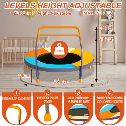 3FT Foldable Trampoline for Kids - 36” Mini Small Trampoline with Handle Bar, Height-Adjustable, Max Load 100LBS 1