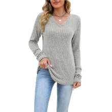 Damesblouse met V-Hals en Lange Mouwen, Herfstblouse met Manchetten, Tuniek, Elegante Trui met Gebogen Zoom, Casual Model Lichtgrijs M