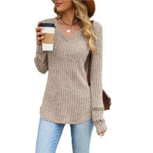 Damesblouse met V-Hals en Lange Mouwen, Herfstblouse met Manchetten, Tuniek, Elegante Trui met Gebogen Zoom, Casual Model Kaki XXL