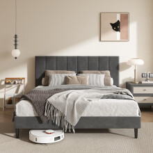 (King, Dark Grey) Bed Frame, Upholstered Wooden Slat Bed Frame with Headboard, Easy Assembly, Underbed Storage, No Box Spring Needed