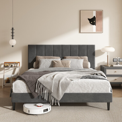(King, Dark Grey) Bed Frame, Upholstered Wooden Slat Bed Frame with Headboard, Easy Assembly, Underbed Storage, No Box Spring Needed