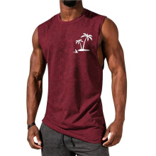 Heren Tanktops, Zomervakantie, Hawaïaanse Print, Spieropbouw, Sportschool, voor Palmbomen, Mouwloze T-Shirts Wijnrood XXXL