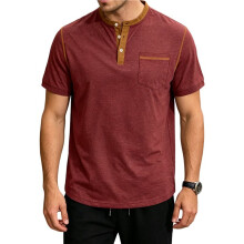 Men'S Henley Shirt Casual Button Short Sleeve T-Shirt Summer Patchwork Color Block Tee Shirts Wine Red S