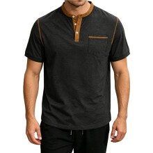 Men'S Henley Shirt Casual Button Short Sleeve T-Shirt Summer Patchwork Color Block Tee Shirts Black M