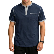 Men'S Henley Shirt Casual Button Short Sleeve T-Shirt Summer Patchwork Color Block Tee Shirts Dark XL