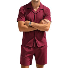 Men'S Summer Beach Outfits 2 Piece Short Sets Shirts and Shorts Vacation Texture Sets for Men Wine Red XL