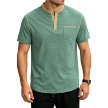 Men'S Henley Shirt Casual Button Short Sleeve T-Shirt Summer Patchwork Color Block Tee Shirts Dark Green XXXL
