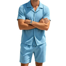 Men'S Summer Beach Outfits 2 Piece Short Sets Shirts and Shorts Vacation Texture Sets for Men Light M