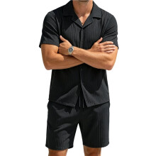 Men'S Summer Beach Outfits 2 Piece Short Sets Shirts and Shorts Vacation Texture Sets for Men Black XXXL