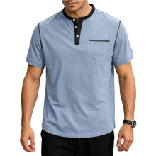 Men'S Henley Shirt Casual Button Short Sleeve T-Shirt Summer Patchwork Color Block Tee Shirts Light L