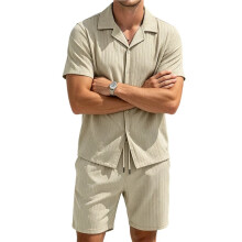 Men'S Summer Beach Outfits 2 Piece Short Sets Shirts and Shorts Vacation Texture Sets for Men Khaki XL
