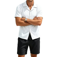 Men'S Summer Beach Outfits 2 Piece Short Sets Shirts and Shorts Vacation Texture Sets for Men White & Black L