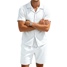 Men'S Summer Beach Outfits 2 Piece Short Sets Shirts and Shorts Vacation Texture Sets for Men White & White XL