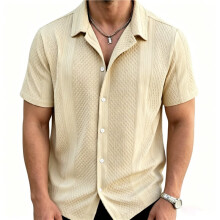 Mens Knit Button Down Shirts Casual Textured Shirt Short Sleeve Vintage Summer Beach Tops Apricot Color L