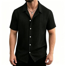 Mens Knit Button Down Shirts Casual Textured Shirt Short Sleeve Vintage Summer Beach Tops Black XXL