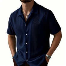 Mens Knit Button Down Shirts Casual Textured Shirt Short Sleeve Vintage Summer Beach Tops Navy S
