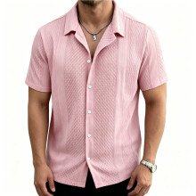 Gebreide Overhemden met Knoopsluiting voor Heren, Casual Overhemd met Textuur, Korte Mouwen, Vintage Zomerse Strandtops Roze S