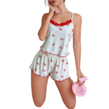 Dam Pyjamasset med Grafiskt Tryck, Ribbat Tryck, Korta Linnen, Toppar och Shorts, Sött Set Rosett S