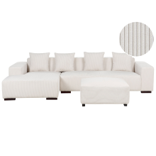 Corner Sofa 4 Seater LUNGO Corduroy Off-White with Ottoman Right Hand