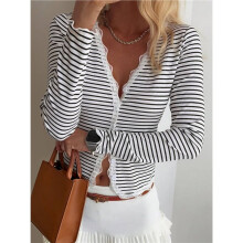 Korte Gebreide Vestjes voor Dames, Geschikt voor Jurken, Tops, met V-Hals, Strepen en Kanten Afwerking Wit S