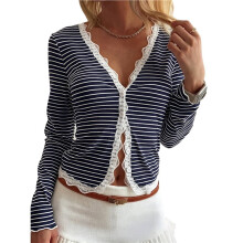 Korte Gebreide Vestjes voor Dames, Geschikt voor Jurken, Tops, met V-Hals, Strepen en Kanten Afwerking Marineblauw S