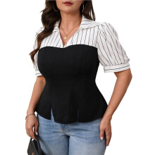Dames Gestreepte Blouse met Knoopsluiting, Korte Mouwen en Kraag Zwart 4XL