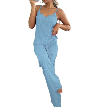 Kvinnors 2-Delade Pyjamas Set med Hjärtformade Prickar och Spetskantad Linne och Byxor Loungewear Set Ljusblå XL