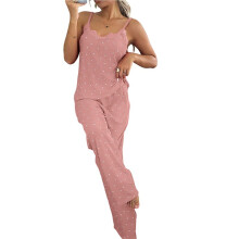 Kvinnors 2-Delade Pyjamas Set med Hjärtformade Prickar och Spetskantad Linne och Byxor Loungewear Set Rosa L