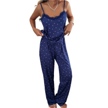 Kvinnors 2-Delade Pyjamas Set med Hjärtformade Prickar och Spetskantad Linne och Byxor Loungewear Set Mörkblå M