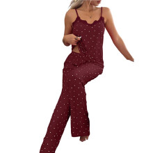 Kvinnors 2-Delade Pyjamas Set med Hjärtformade Prickar och Spetskantad Linne och Byxor Loungewear Set Vinröd M