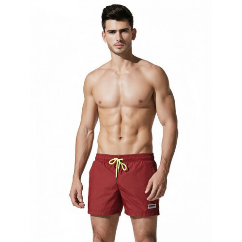 Mens Solid Color Drawstring Quick Dry Lined Beach Swim Trunks with Pockets Wine Red XXL 1
