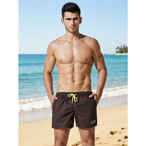 Mens Solid Color Drawstring Quick Dry Lined Beach Swim Trunks with Pockets Dark Brown M 1