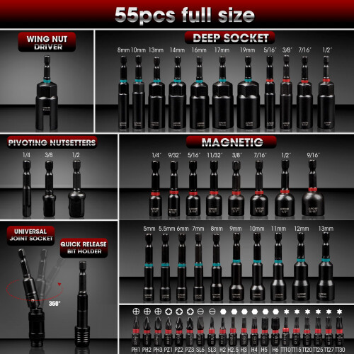 LLNDEI Magnetic Impact Nut Driver Set, 55PCS SAE&Metric Nut Drivers with Deep Driver Bit Sets Includes Bit Extension 2