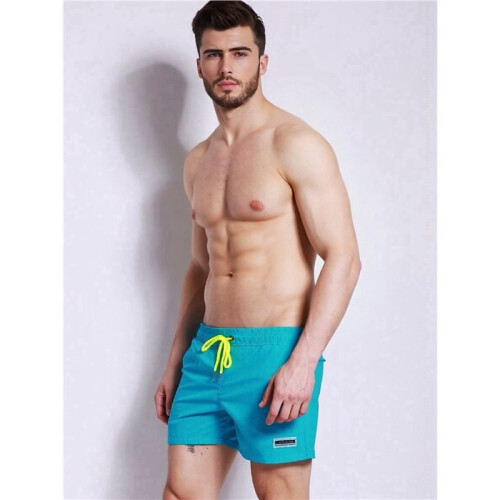 Mens Solid Color Drawstring Quick Dry Lined Beach Swim Trunks with Pockets Cyan- M 2