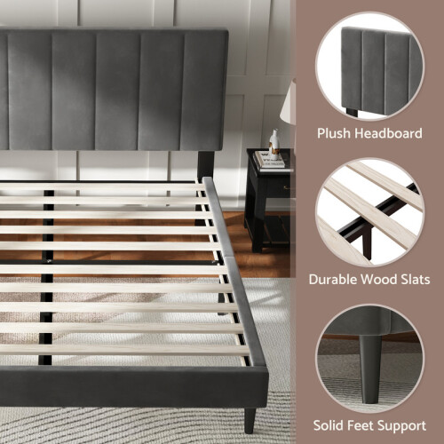 (King, Dark Grey) Bed Frame, Upholstered Wooden Slat Bed Frame with Headboard, Easy Assembly, Underbed Storage, No Box Spring Needed 2