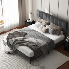 (Double, Dark Grey) Bed Frame, Upholstered Wooden Slat Bed Frame with Headboard, Easy Assembly, Underbed Storage, No Box Spring Needed