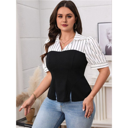 Women'S Striped Button Down Shirt Short Sleeve Collared Blouse Tops Black 4XL 1