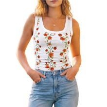 Dames Bloemenprint Tanktops Vierkante Hals Mouwloos Geribbelde Basis Strakke T-Shirts Wit S