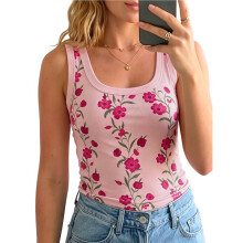 Dames Bloemenprint Tanktops Vierkante Hals Mouwloos Geribbelde Basis Strakke T-Shirts Roze S
