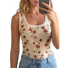 Dames Bloemenprint Tanktops Vierkante Hals Mouwloos Geribbelde Basis Strakke T-Shirts Abrikoos S