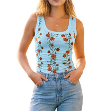 Dames Bloemenprint Tanktops Vierkante Hals Mouwloos Geribbelde Basis Strakke T-Shirts Hemelsblauw S