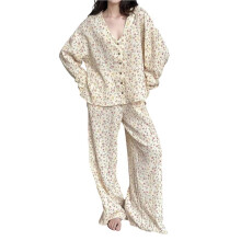 Dames Bloemen Katoenen Pyjama Set - Zachte Nachtkleding met V-Hals Knopsluiting Top & Elastische Taille Broek Zoals Getoond S