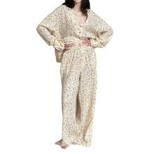 Dames Bloemen Katoenen Pyjama Set - Zachte Nachtkleding met V-Hals Knopsluiting Top & Elastische Taille Broek Zoals Getoond L