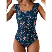 Dames Kleurblok Vierkante Hals Gerimpelde Rug met Volledige Dekking Één Stuk Badpak Marineblauw & Roze L