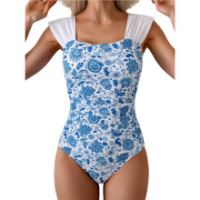 Dames Kleurblok Vierkante Hals Gerimpelde Rug met Volledige Dekking Één Stuk Badpak Blauw Bloemenprint S