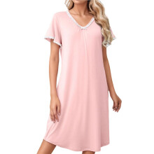 Dames V-Hals Kanten Trim Korte Mouw Losse Pasvorm Casual Nachtjapon Slaapjurk Roze M
